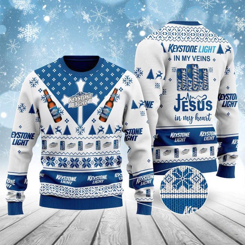 keystone light in my veins jesus in my heart ugly sweater flexiquor com