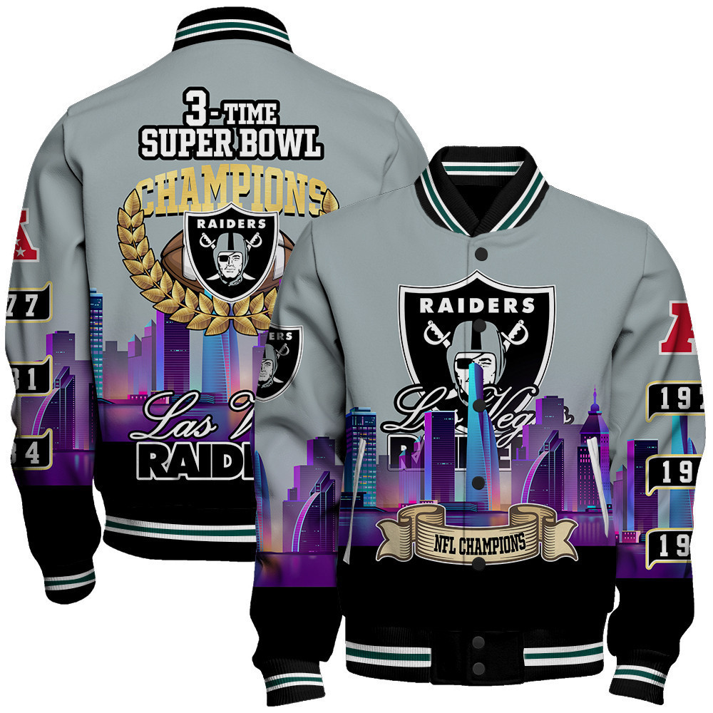 las vegas raiders 3 time super bowl champions city design baseball varsity jacket baseball jacket all over print 69fck