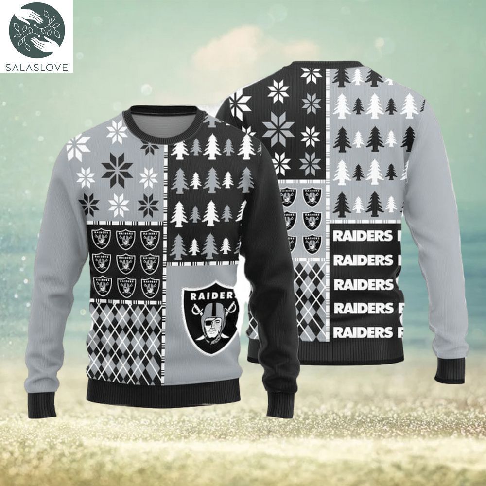 las vegas raiders christmas pine trees pattern knitted ugly christmas sweater 1 c5bbmv