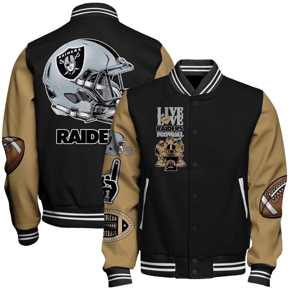 las vegas raiders live love raiders football print baseball varsity jacket baseball jacket all over print mlafq