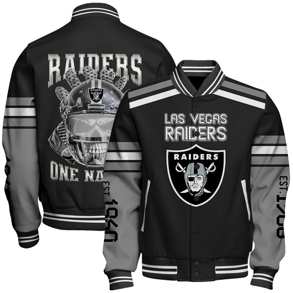 las vegas raiders skull and gloves pattern baseball varsity jacket baseball jacket all over print zuk4c