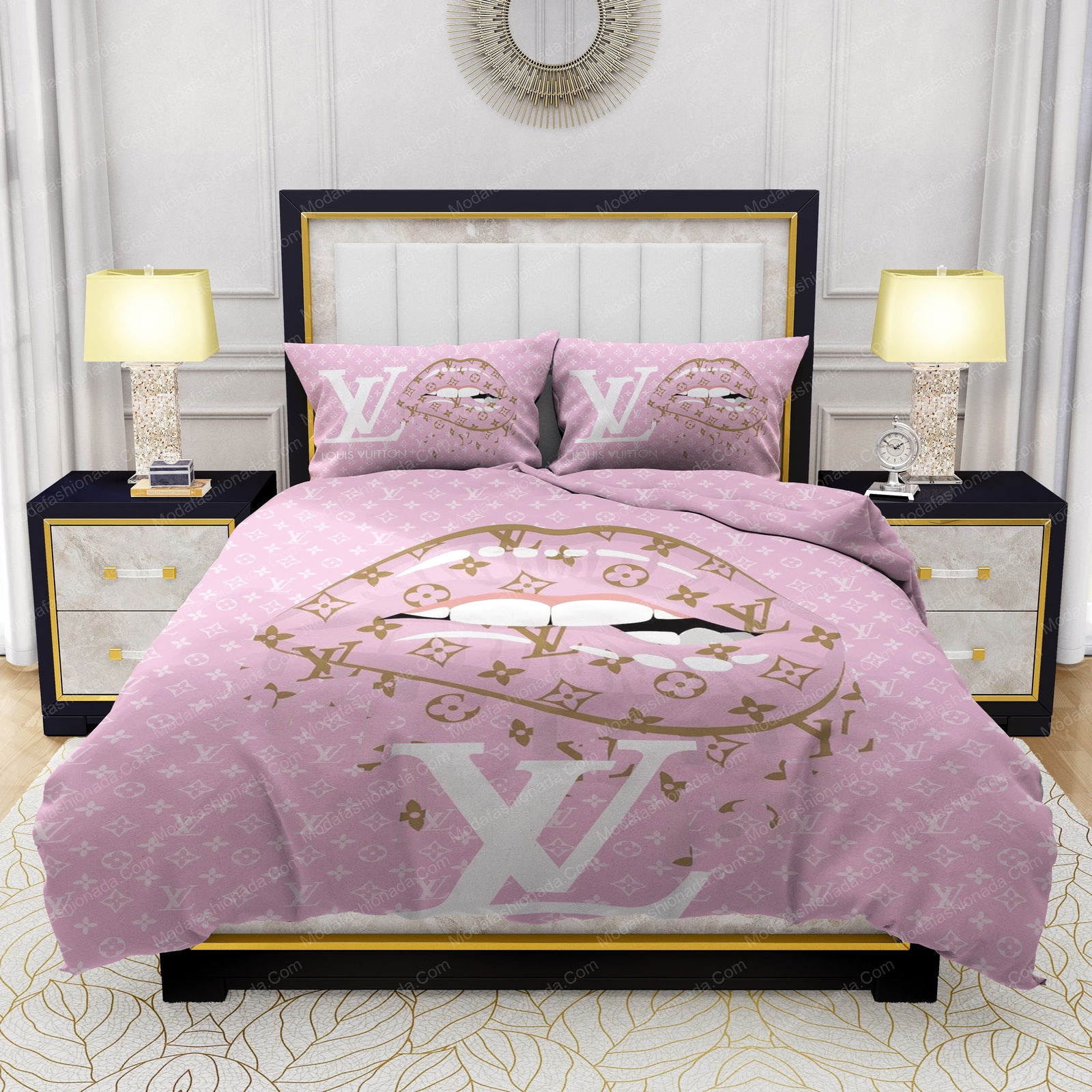 lips with louis vuitton pattern bedding sets 1