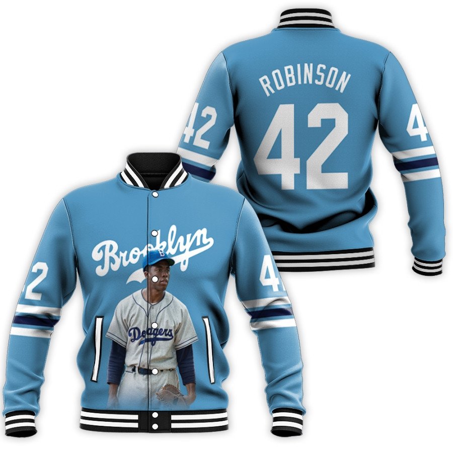 los angeles dodgers jackie robinson 42 brooklyn alternate player light blue jersey gift for dodgers fans baseball jacket button up zipper hooded all over print mlb bmrvv