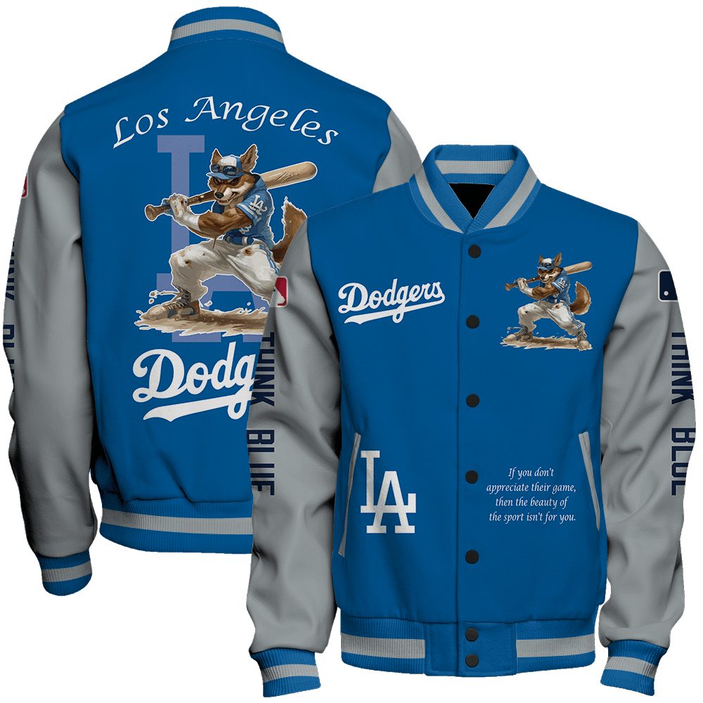 los angeles dodgers mlb baseball dog mascot think blue special design 3d unisex baseball varsity jacket baseball jacket all over print sgoqo