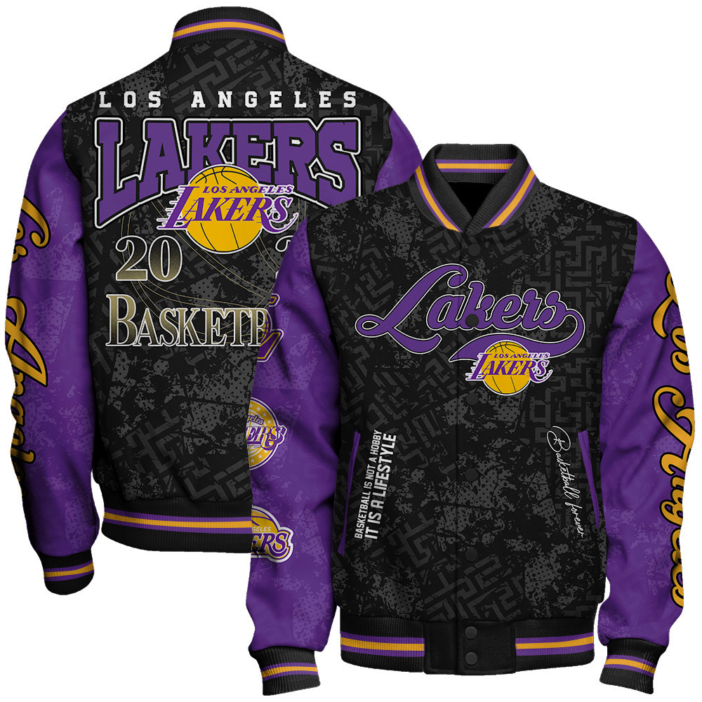 los angeles lakers team logo sport pattern basketball forever baseball varsity jacket baseball jacket all over print ogqcl