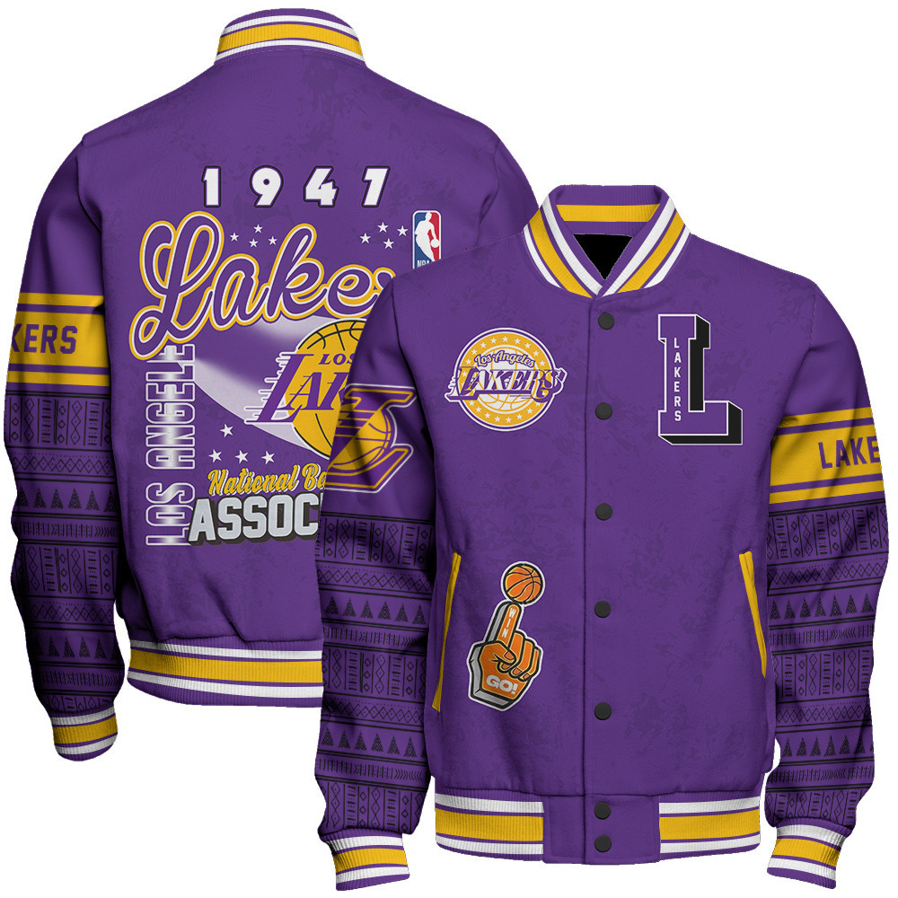 los angeles lakers team logo sport pattern vintage baseball varsity jacket baseball jacket all over print fxrb9