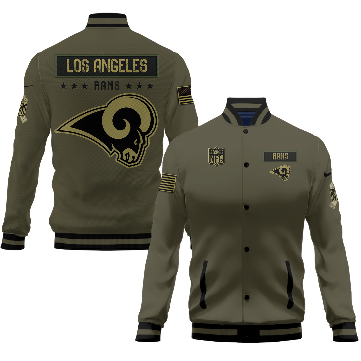 los angeles rams 2023 salute to service club baseball jacket baseball varsity jacket baseball jacket all over print green 4r4xz