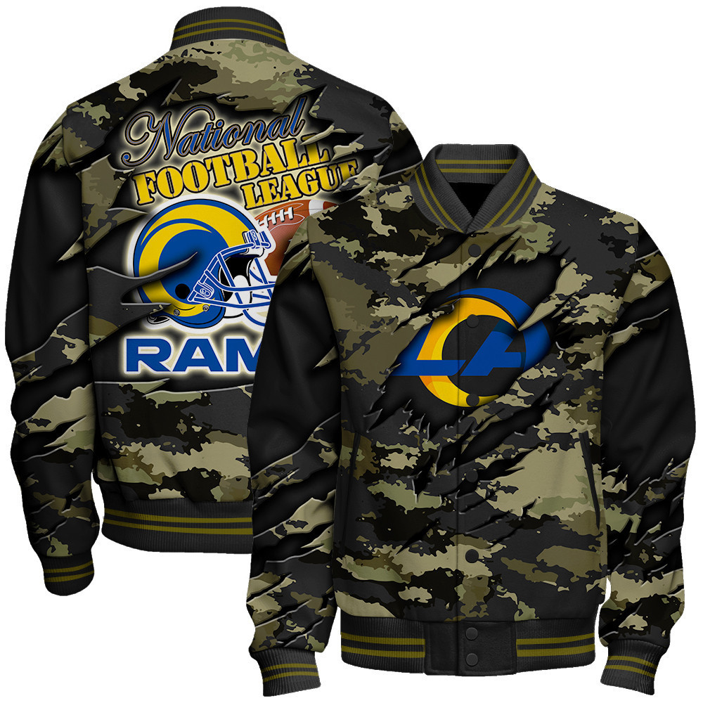 los angeles rams black camo pattern nfl baseball varsity jacket baseball jacket all over print rxlie