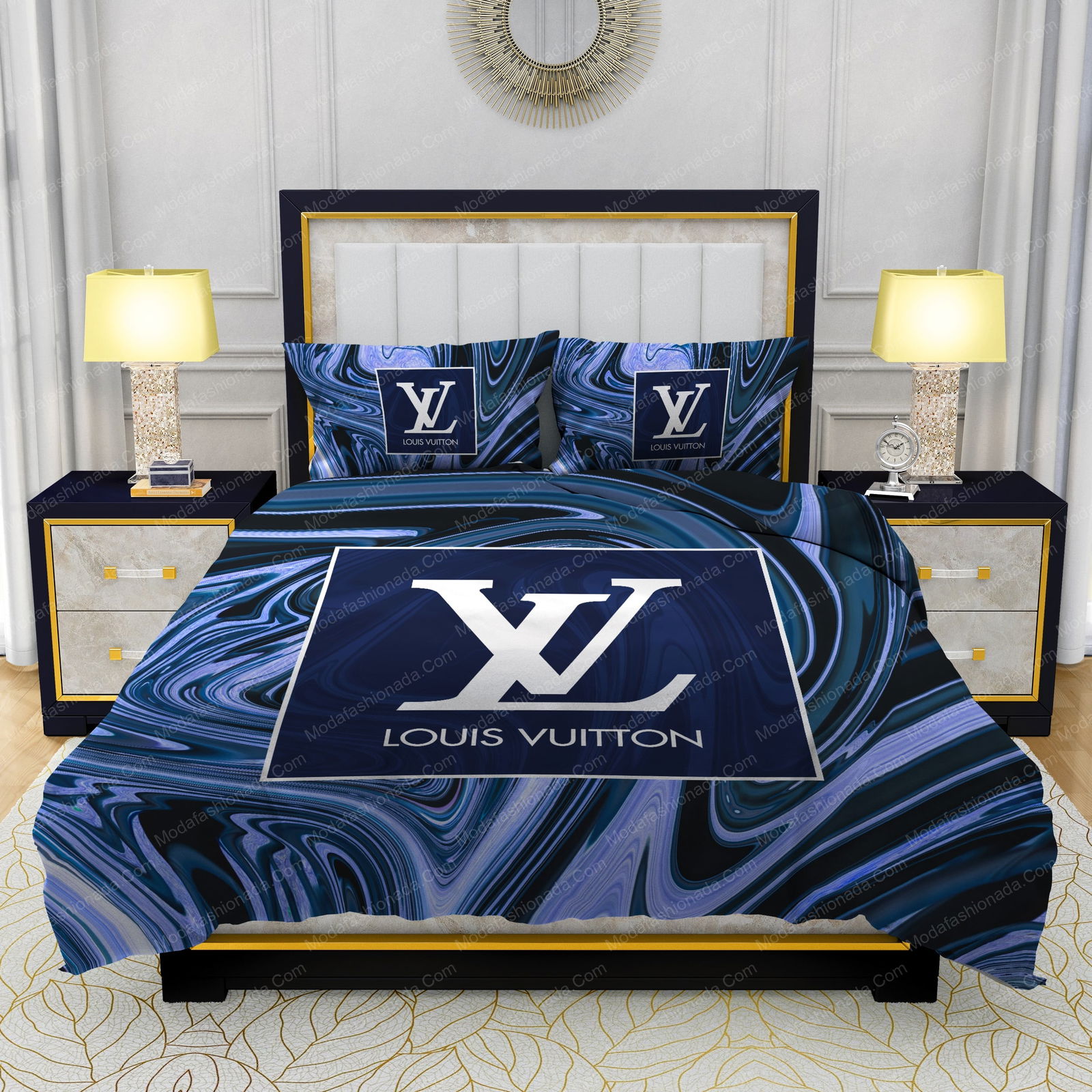 louis vuitton dark blue marble background bedding sets 1