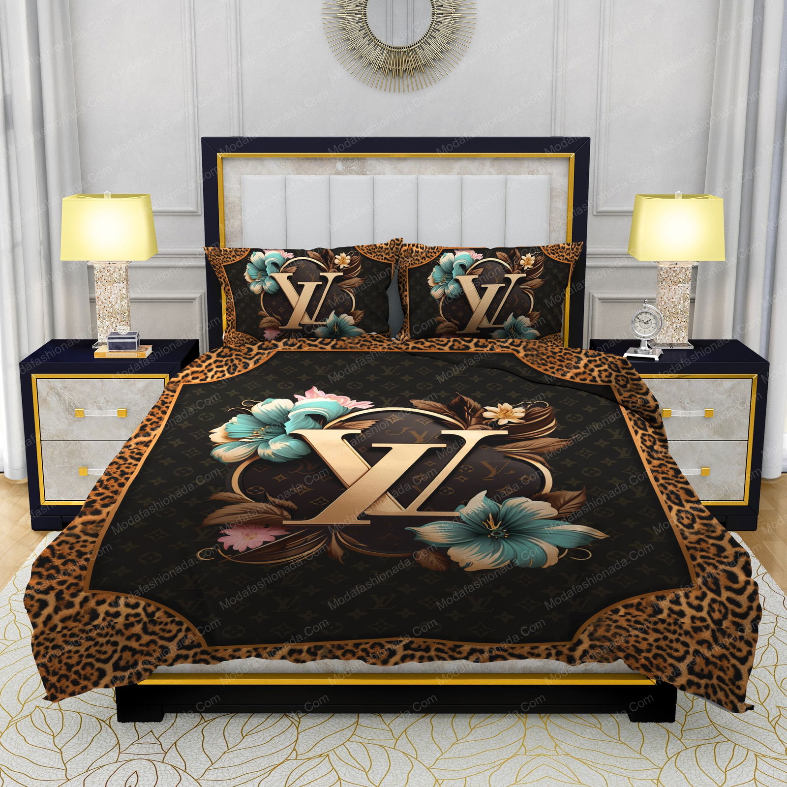 louis vuitton flowers leopard pattern bedding sets 1