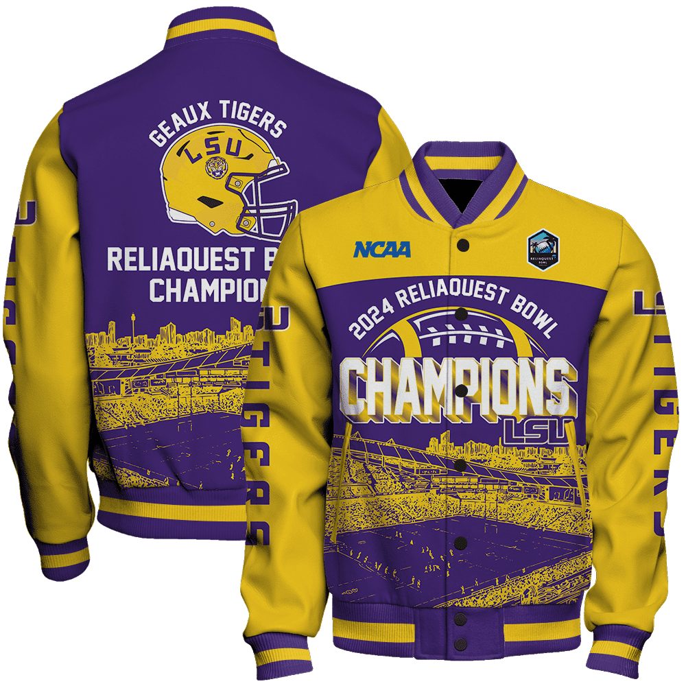 lsu tigers ncaa geaux tigers reliaquest bowl champions baseball varsity jacket baseball jacket all over print ssqdp