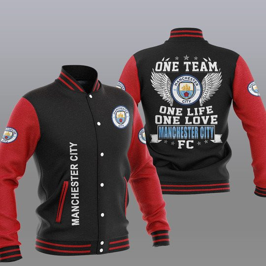 manchester city black red one team one life one love baseball varsity jacket baseball jacket all over print byqnp