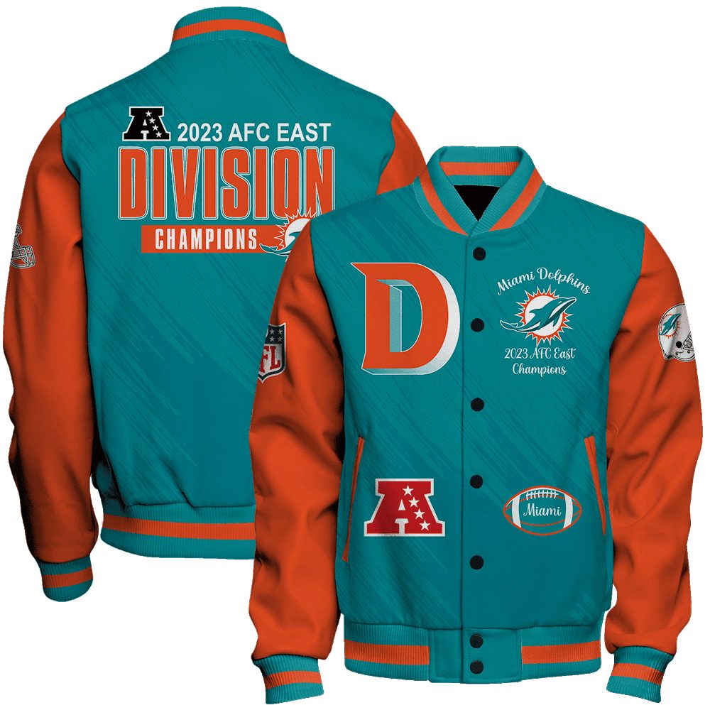 miami dolphins 2023 afc east division champions nfl baseball varsity jacket baseball jacket all over print wrheo