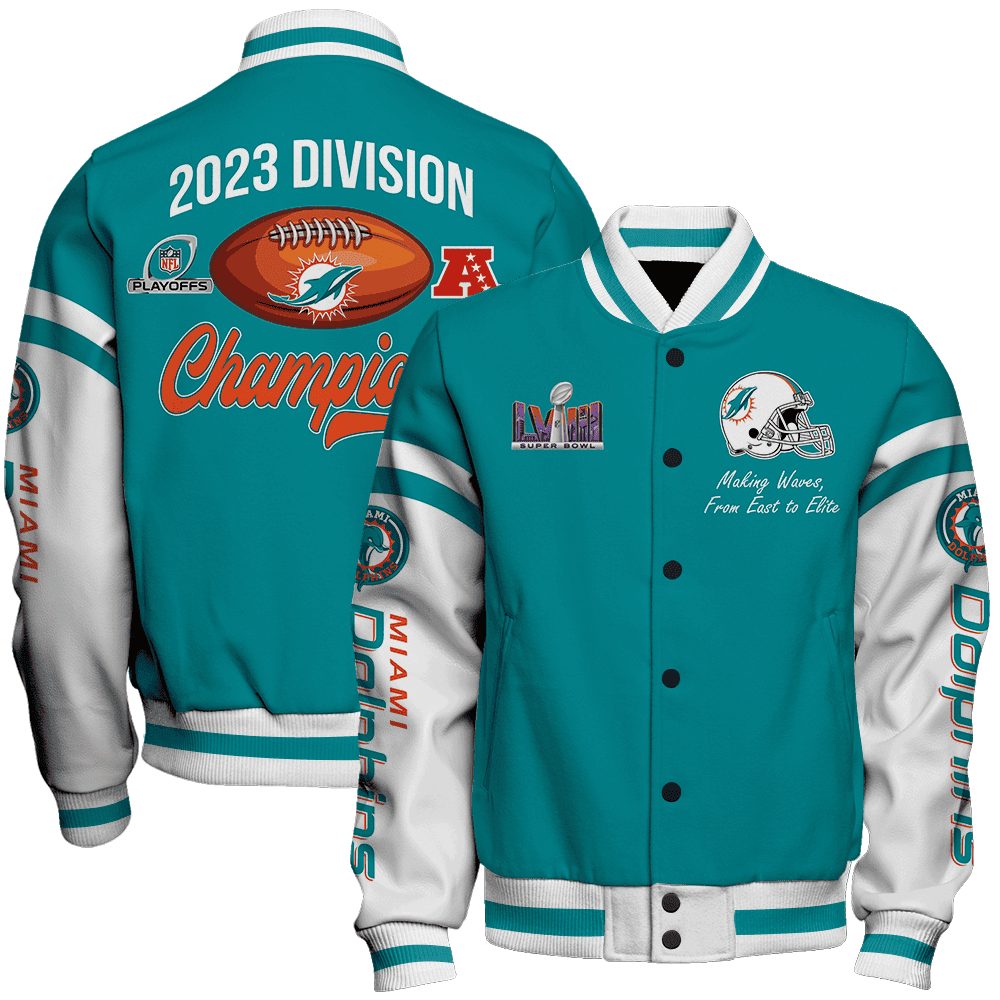 miami dolphins 2023 nfl playoffs division champions baseball varsity jacket baseball jacket all over print qlsg4