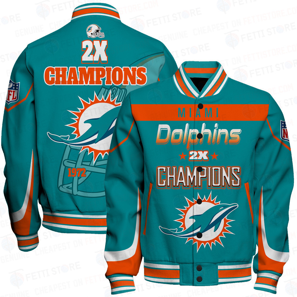 miami dolphins 2x super bowl champions print baseball varsity jacket baseball jacket all over print qyeqe