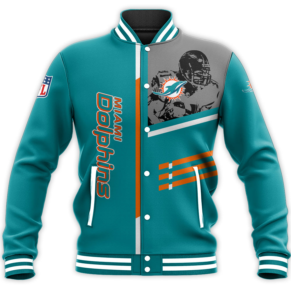 miami dolphins baseball jacket button up zipper hooded all over print personalized football for fan nfl jaobr