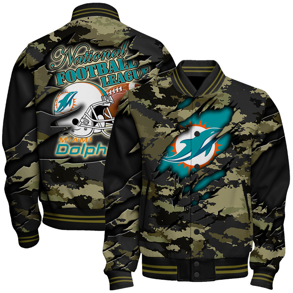 miami dolphins black camo pattern nfl baseball varsity jacket baseball jacket all over print wagfr