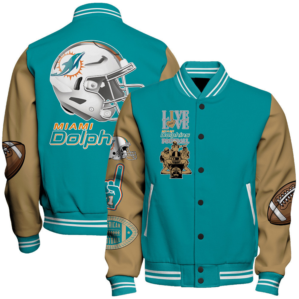 miami dolphins live love dolphins football print baseball varsity jacket baseball jacket all over print ppqm6