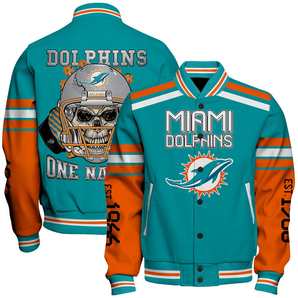 miami dolphins skull and gloves pattern baseball varsity jacket baseball jacket all over print isi9z