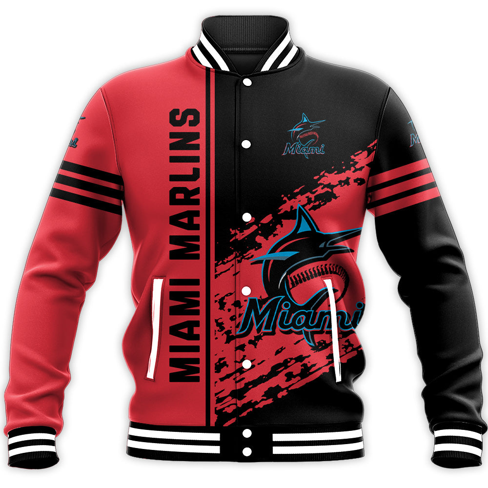 miami marlins baseball jacket button up zipper hooded all over print quarter style mlb y6n4f