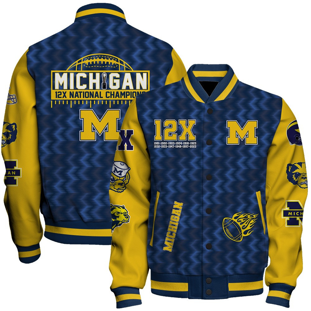 michigan wolverines ncaa 12 time national champions print baseball varsity jacket baseball jacket all over print aki3k