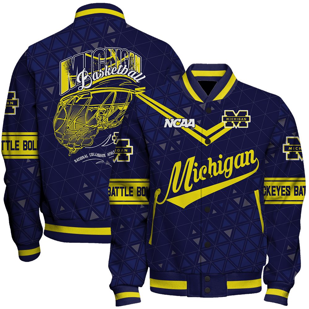 michigan wolverines ncaa basketball go blue be bold 3d unisex baseball varsity jacket baseball jacket all over print udiw2