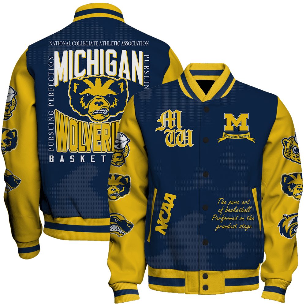 michigan wolverines ncaa basketball wolverine warfare 3d unisex baseball varsity jacket baseball jacket all over print ix1xu