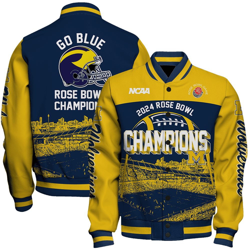 michigan wolverines ncaa go blue rose bowl champions baseball varsity jacket baseball jacket all over print cthxn