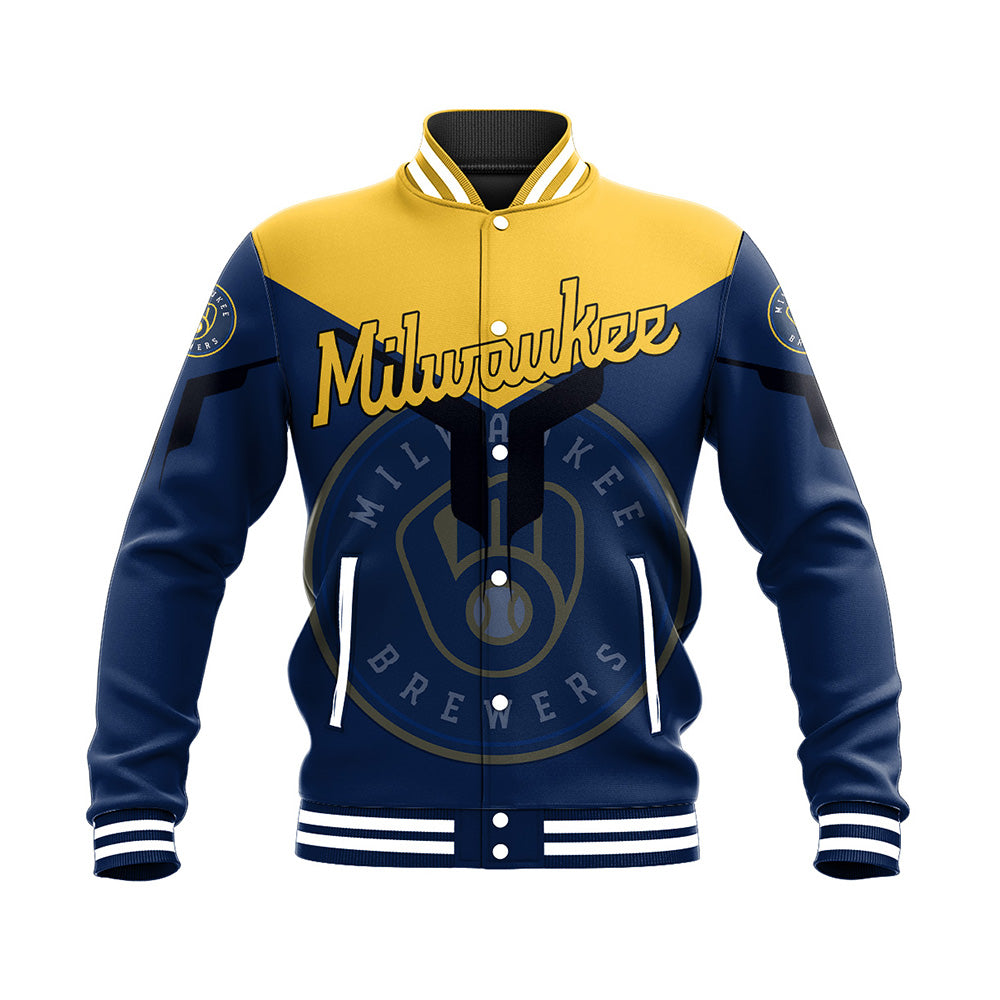 milwaukee brewers baseball jacket button up zipper hooded all over print drinking style mlb o93yn