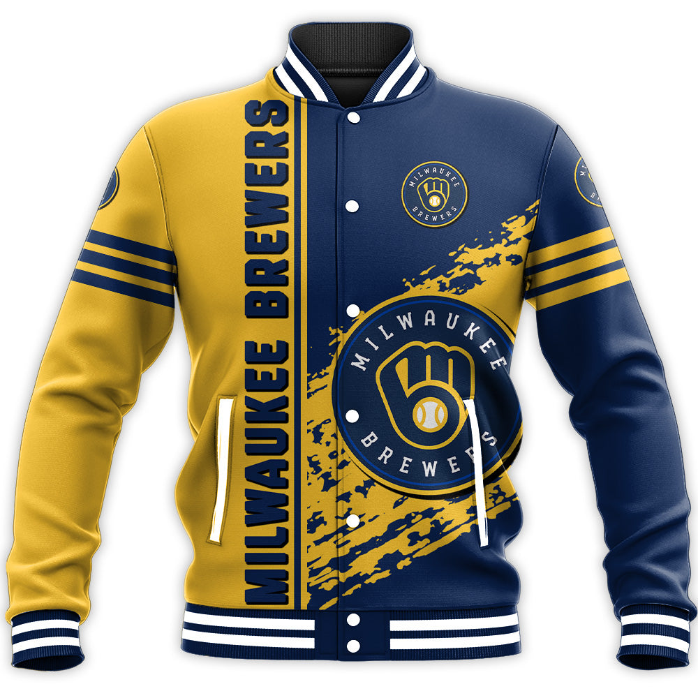 milwaukee brewers baseball jacket button up zipper hooded all over print quarter style mlb ah28i