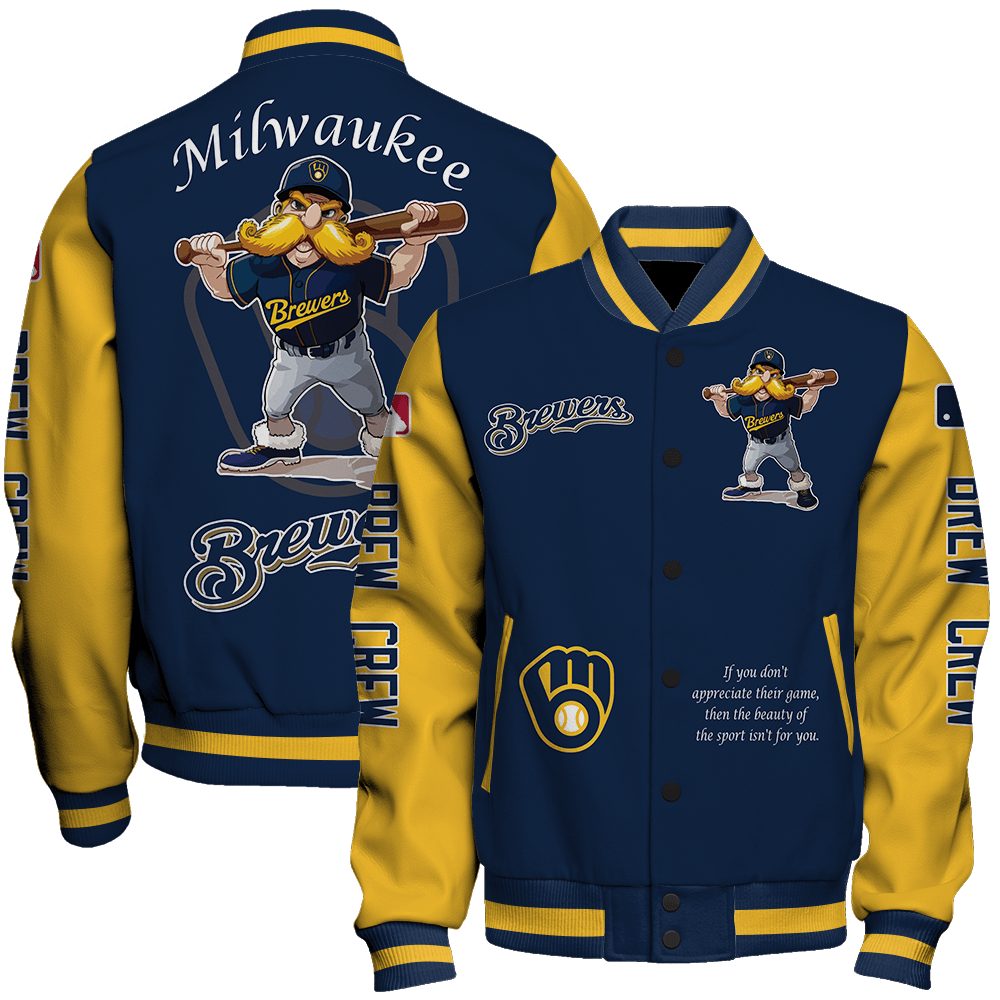 milwaukee brewers mlb baseball bernie brewer mascot brew crew special design 3d unisex baseball varsity jacket baseball jacket all over print re6cu