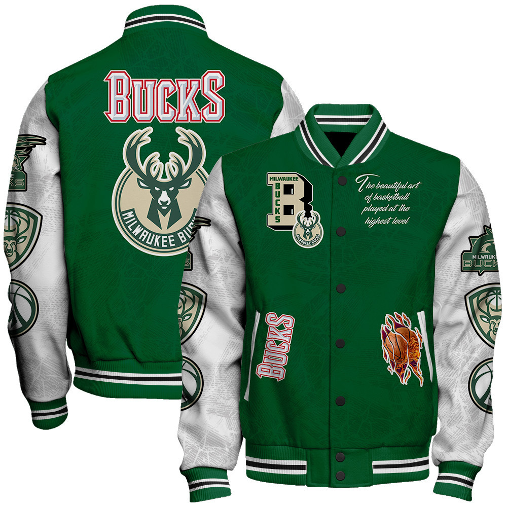 milwaukee bucks team logo sport pattern baseball varsity jacket baseball jacket all over print afjya