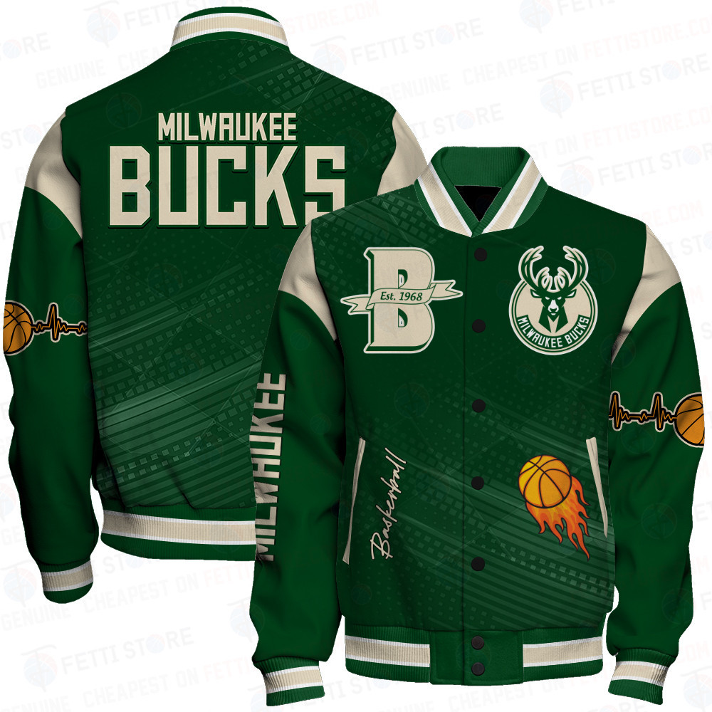 milwaukee bucks team logo sport pattern basketball baseball varsity jacket baseball jacket all over print rh91s