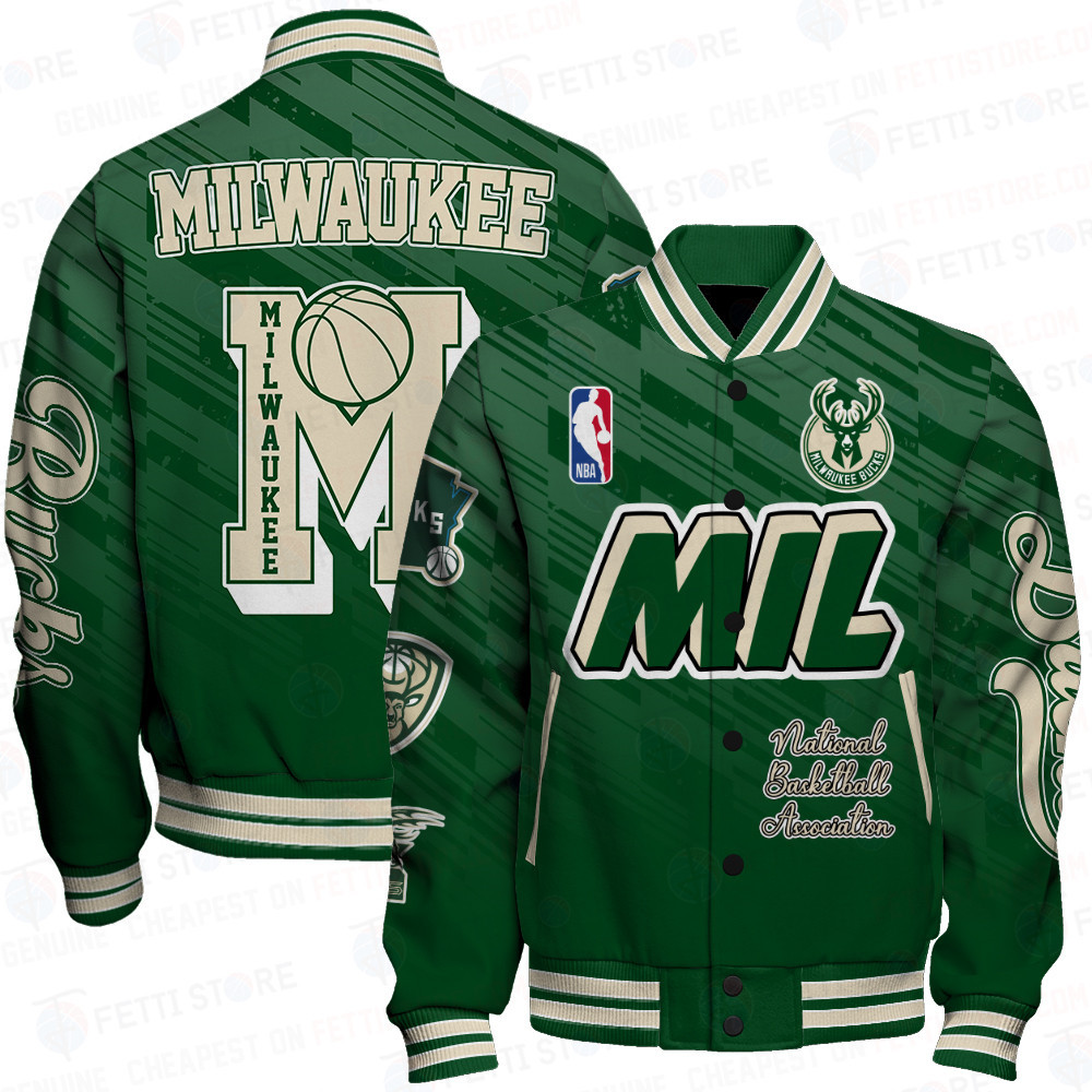 milwaukee bucks team logo sport pattern nba baseball varsity jacket baseball jacket all over print lba6x