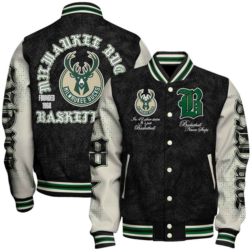 milwaukee bucks team logo sport pattern style baseball varsity jacket baseball jacket all over print ao3ul