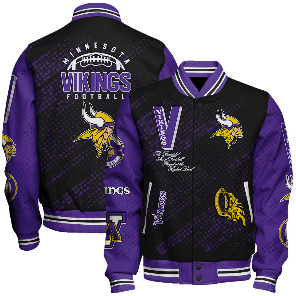 minnesota vikings nfl pattern baseball varsity jacket baseball jacket all over print v13 u3ijv