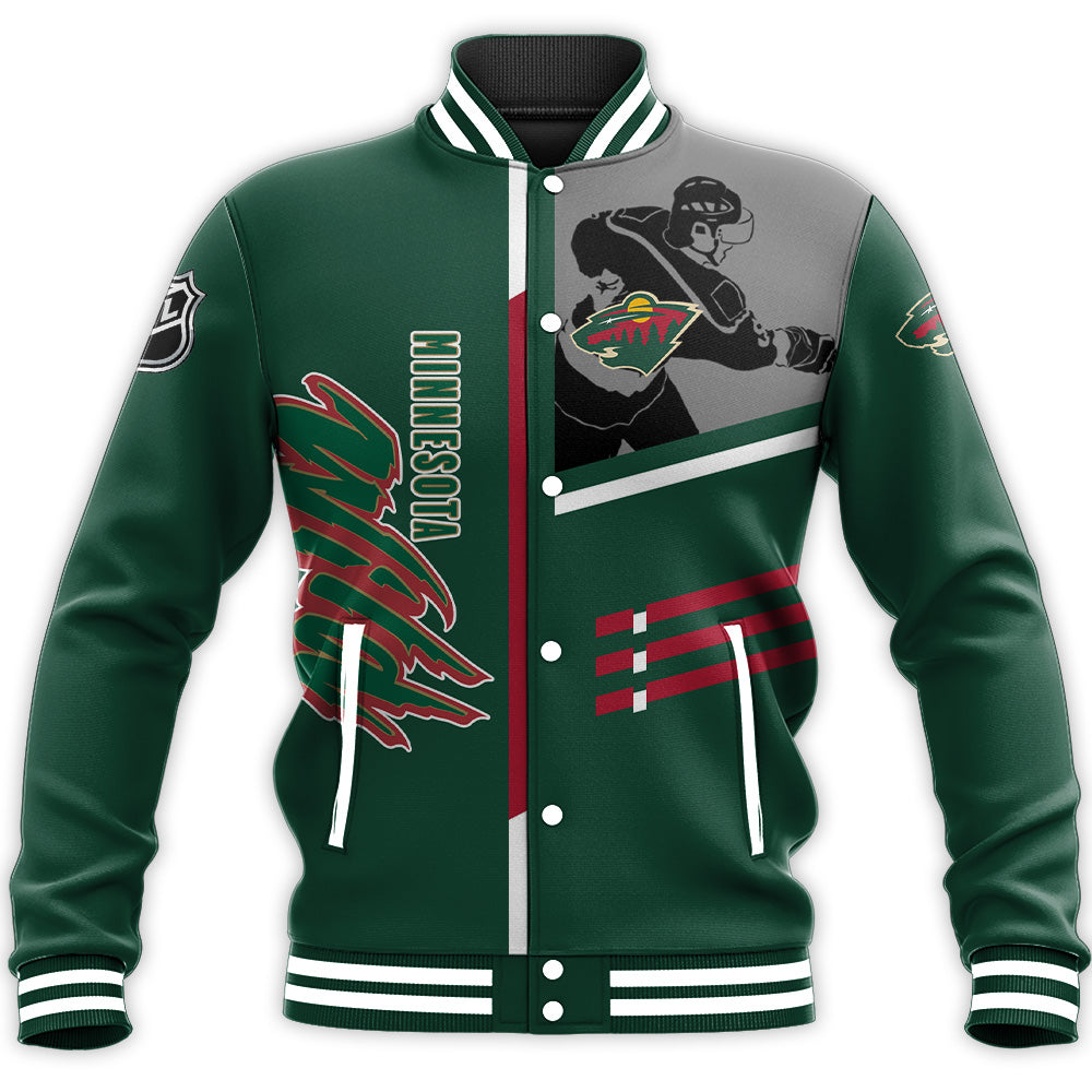 minnesota wild baseball jacket button up zipper hooded all over print personalized hockey for fan nhl 9x8ly