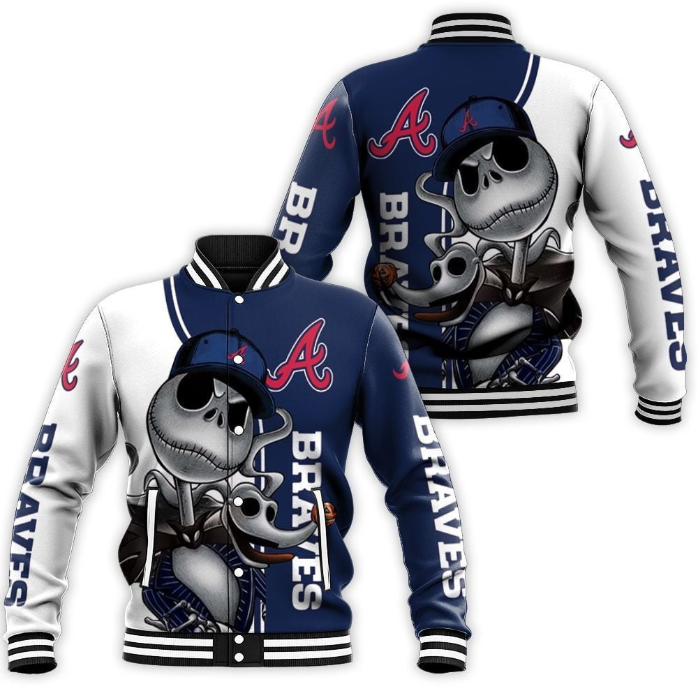 mlb atlanta braves jack skellington and zero 3d unisex baseball varsity jacket baseball jacket all over print 4jqbz