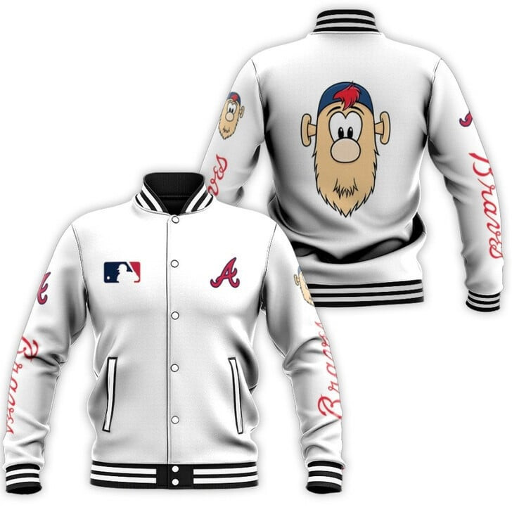 mlb atlanta braves meet blooper logo white 3d unisex baseball varsity jacket baseball jacket all over print ex9q7