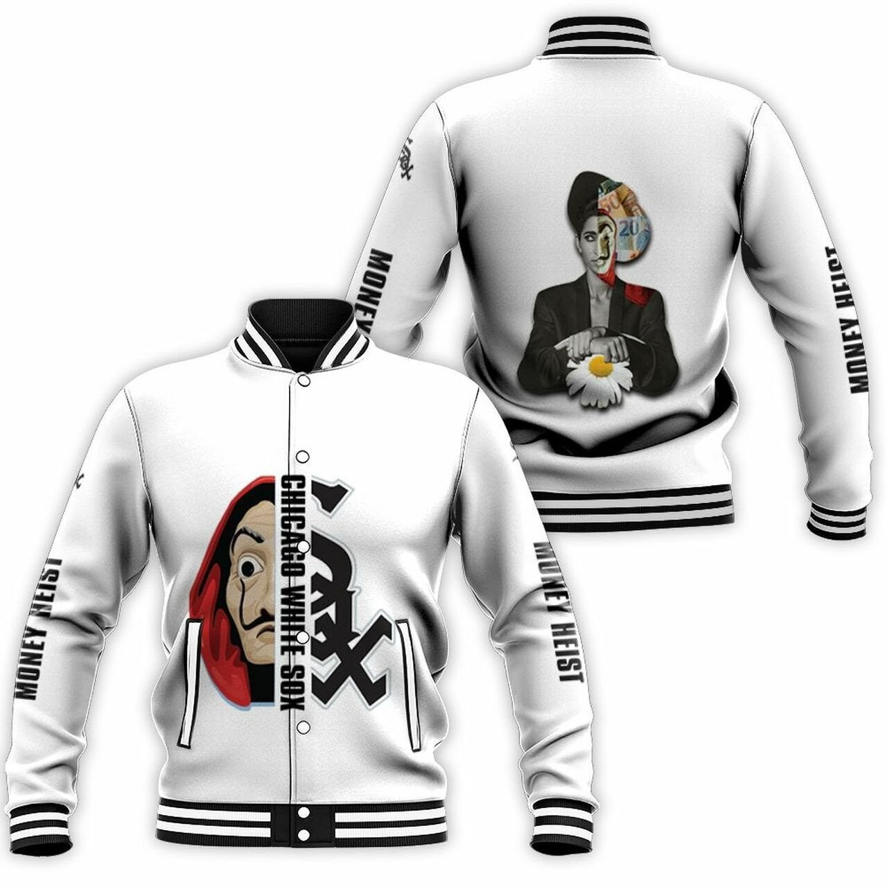 mlb chicago white sox baseball team money heist white 3d unisex baseball varsity jacket baseball jacket all over print v3r81