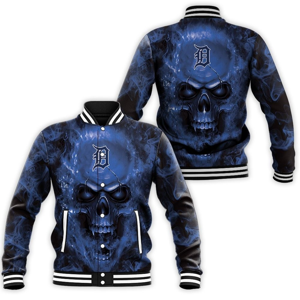 mlb detroit tigers baseball team logo blue flame skull 3d unisex baseball varsity jacket baseball jacket all over print a9fe3