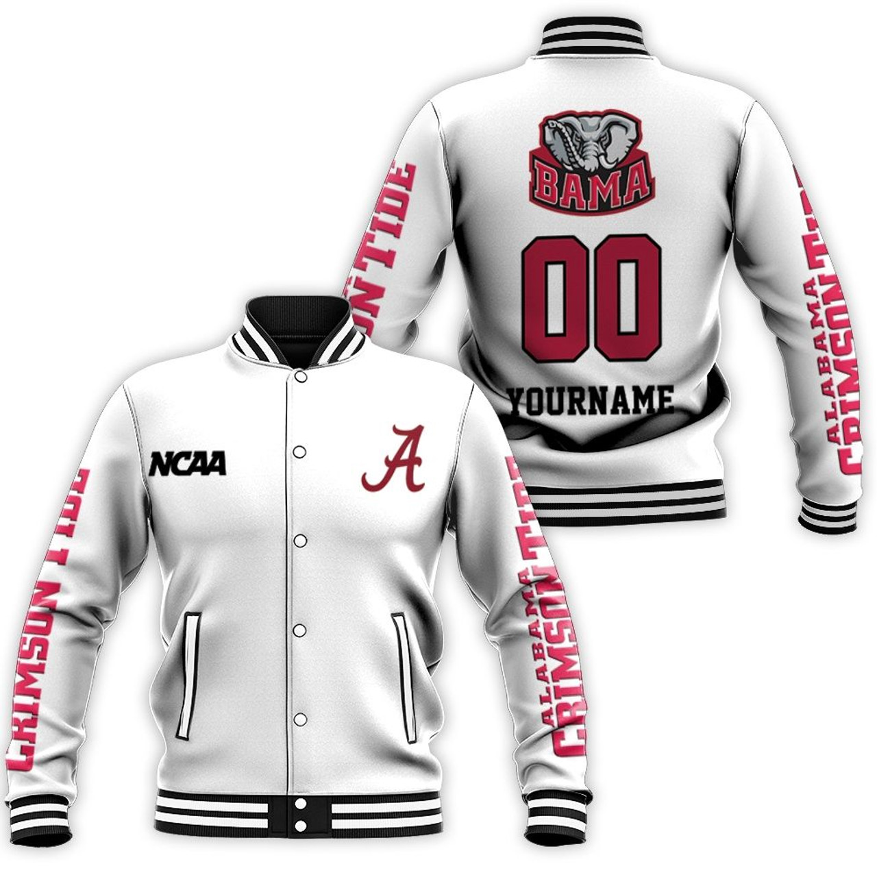 ncaa alabama crimson tide custom name number baseball jacket button up zipper hooded all over print v3 uyxum