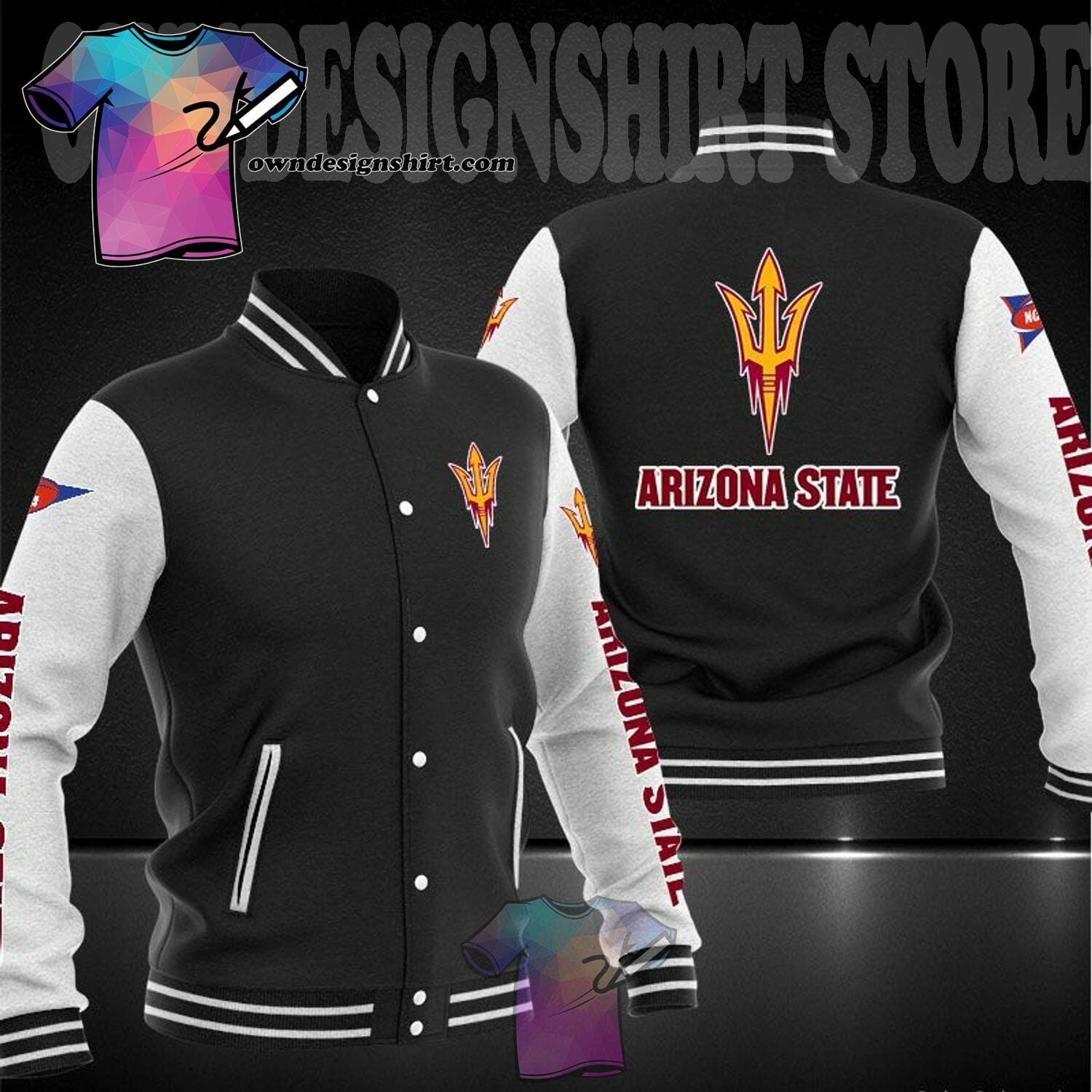 ncaa arizona state sun devils black baseball jacket button up zipper hooded all over print qqhey