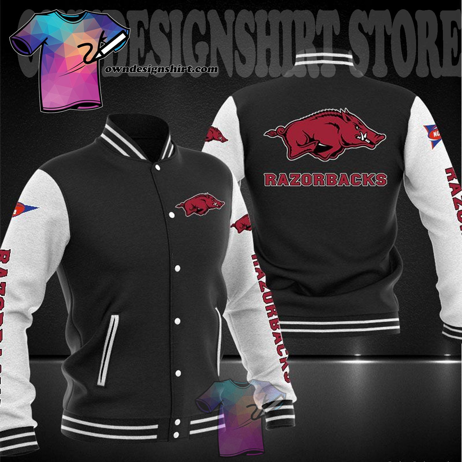 ncaa arkansas razorbacks black baseball jacket button up zipper hooded all over print acdqa