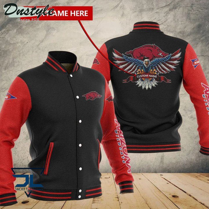 ncaa arkansas razorbacks custom name red black baseball jacket button up zipper hooded all over print 1xtvm