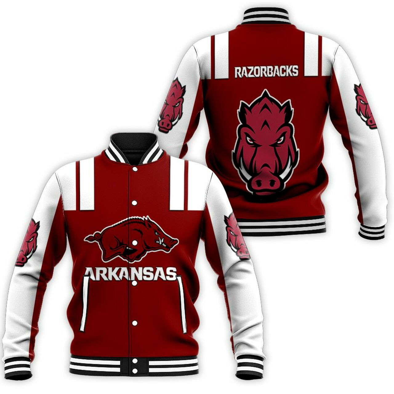 ncaa arkansas razorbacks red baseball jacket button up zipper hooded all over print p5vym