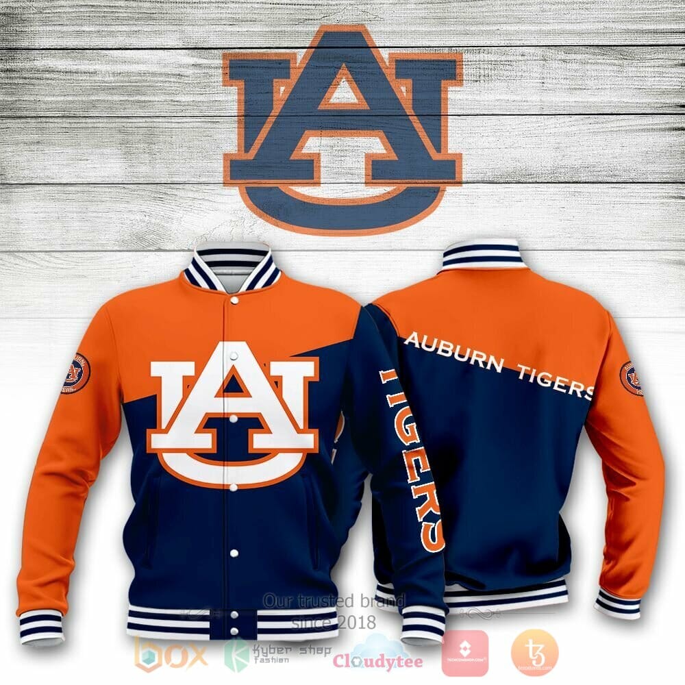 ncaa auburn tigers blue orange baseball jacket button up zipper hooded all over print a3ynb