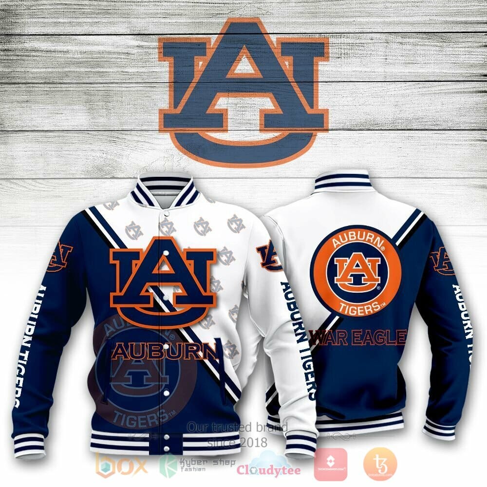 ncaa auburn tigers blue white baseball jacket button up zipper hooded all over print mdhvu