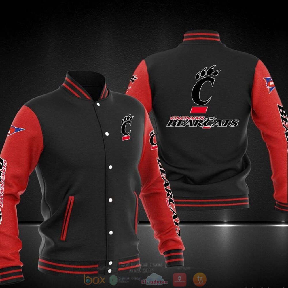 ncaa cincinnati bearcats black red baseball jacket button up zipper hooded all over print rp9j8