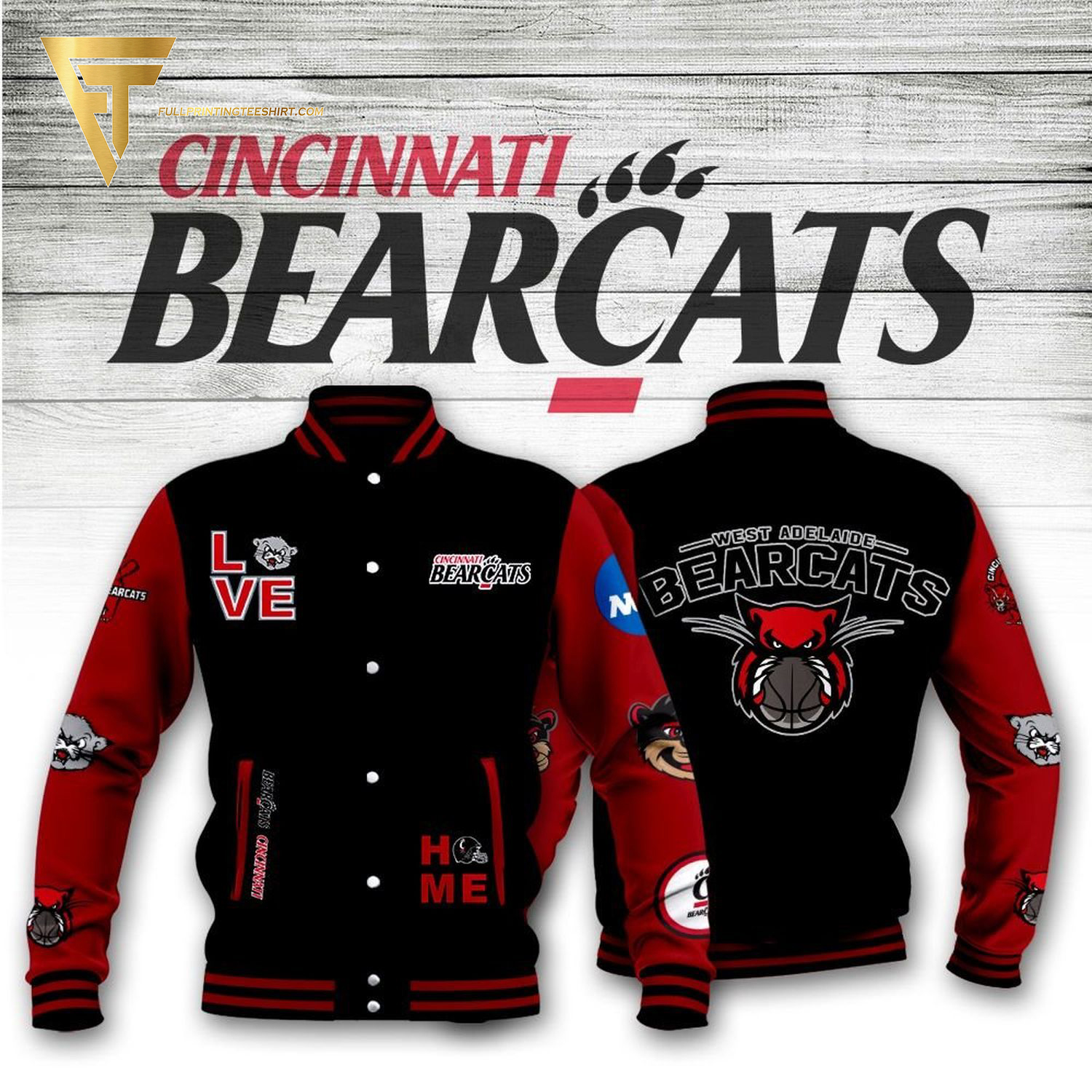 ncaa cincinnati bearcats black red baseball jacket button up zipper hooded all over print v2 xhajm